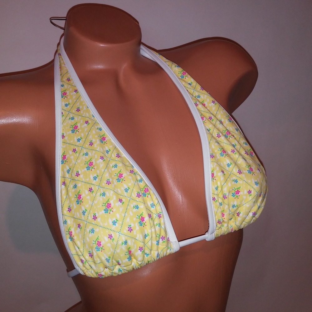Victoria Secret PINK Swim Bikini Top Small Yellow White Floral Triangle Wireless